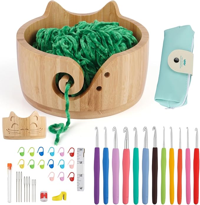 XIEJ Cat Yarn Bowl Set, 7 X 4inch Wooden Yarn Bowls for Crocheting, Knitting Bowl, Yarn Storage Bowls, Crochet Yarn Holder with Crochet Hooks Knitting Tools for Crocheters Knitters Craft