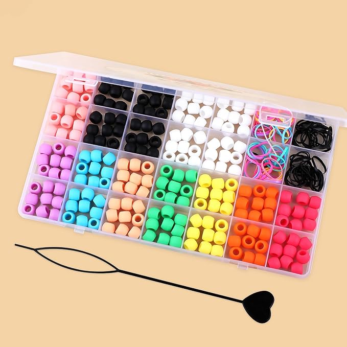 AD Beads 208PCS 6x9mm Soft Pony Silicone Beads for Hairstyle, Multicolor with 80 Elastic Bands, Tool and Storage Box Kit for Braids, Bracelet, Crafts.
