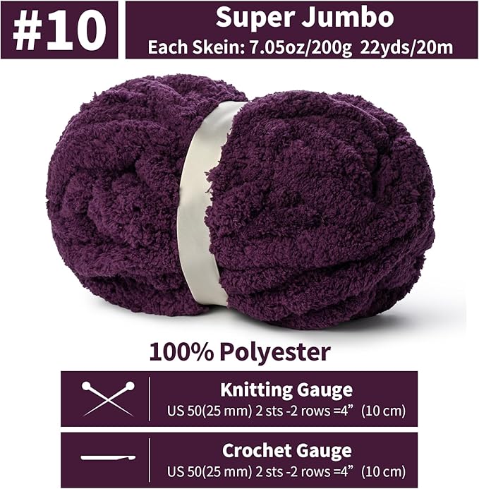 10 Pack Jumbo Chenille Yarn for Crocheting, #10 Super Bulky Baby Soft Yarn for Hand Knitting, 220 yds /70.5 oz Fluffy Chunky Knit Throw Blanket Yarn (Deep Purple)