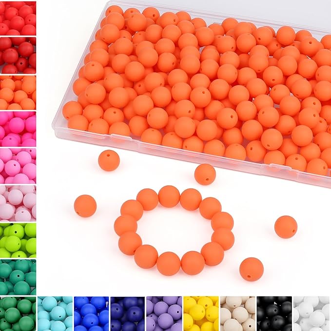 MAIBAOTA 120 Pcs Orange Silicone Beads 15 mm for Keychain/Pens/Bracelet/Necklace Making - Focal Loose Rubber Round Bulk Craft Supplies (With Boxed Kits)
