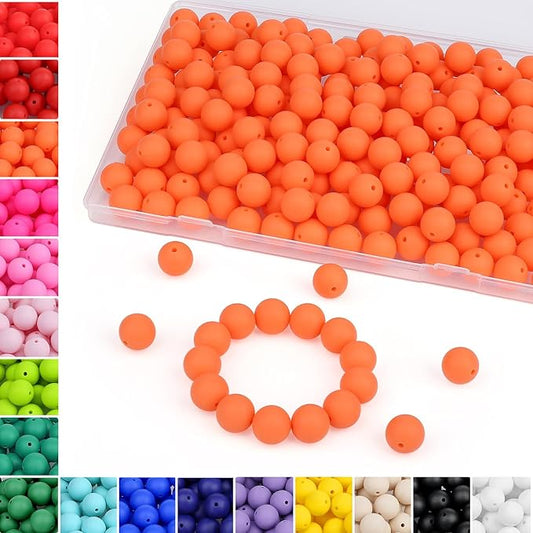 MAIBAOTA 120 Pcs Orange Silicone Beads 15 mm for Keychain/Pens/Bracelet/Necklace Making - Focal Loose Rubber Round Bulk Craft Supplies (With Boxed Kits)