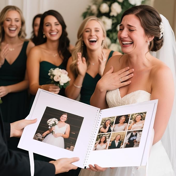 Fuyoooo 12 x 12 Inch Letters to The Bride Scrapbook Wedding Memory Book Bridal DIY Blank Paper Scrapbook Photo Album Guest Book Sign with Pearl Stickers, Metallic Letters, Bows(White)