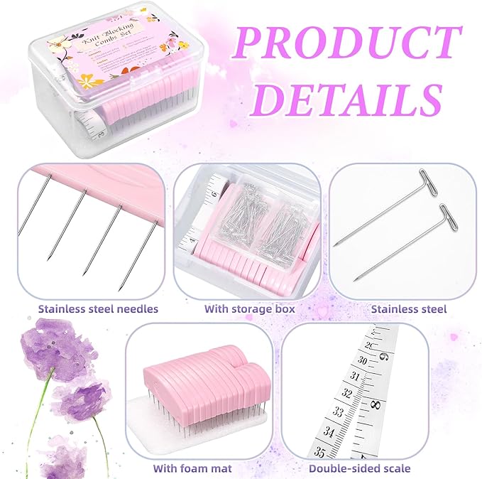 120 Pcs Knit Blocking Combs and Pins Set, 20 Pcs Pink Color Knit Blockers Pins Kit, 100 T-pins for Blocking Knitting Crochet, Needlework Projects, Knitting Blocker Pins Tool for Blocking Mats