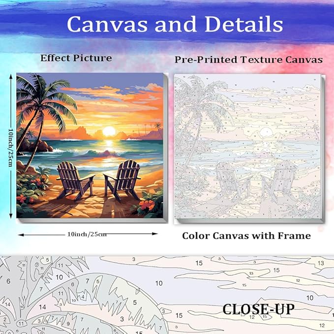 JUJUHOOD Sunset Beach Scene Framed Paint by Numbers Kit for Adults Beginner & Kids Ages 8-12, Seaside Paint by Number Without Easel, Simple Paint by Numbers for Gift Home Wall Decor (10x10Inch)