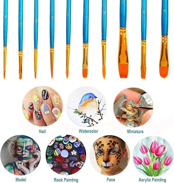 Soucolor Watercolor Paint Brushes Set, 10-Pack Round Pointed Tip Professional Artist Paintbrushes for Canvases Ceramic Miniature, Model Ships and Airplanes Boards Rock Body Face Nail Art, Blue