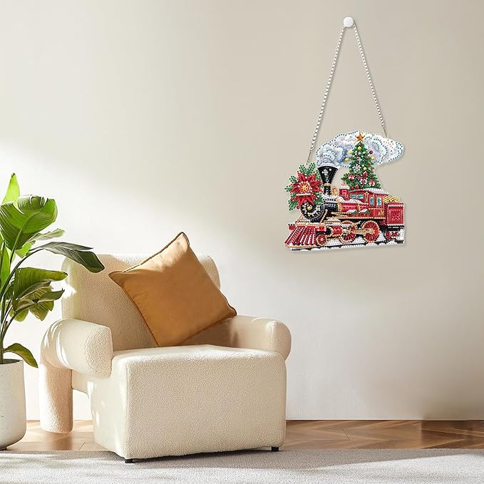 MOGTAA Christmas Diamond Art Hanging Kits for Adults Kids, Christmas Train Diamond Art Suncatchers, 5D Special Shape Diamond Painting Window Pendant Kit for Home Garden Wall Decor