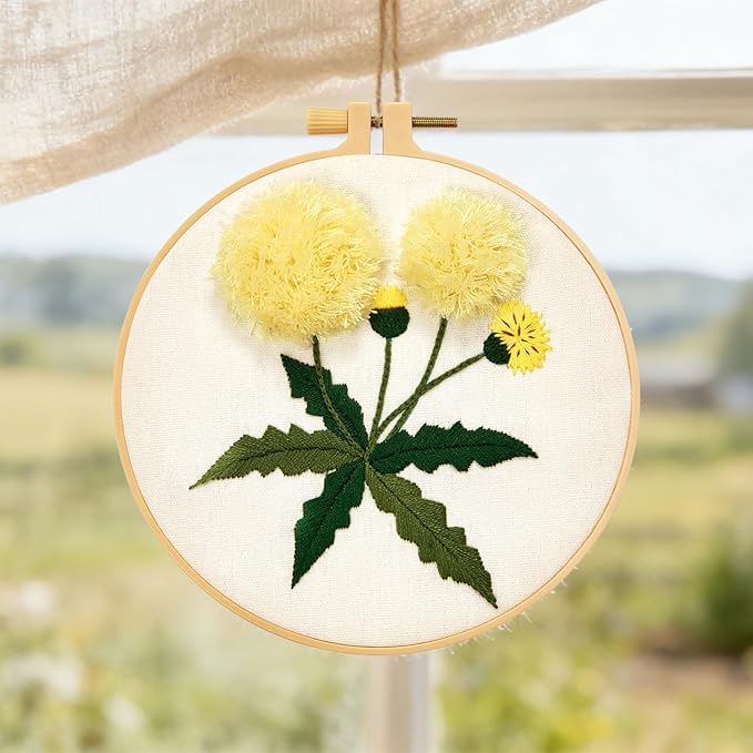 Dandelion Flower Embroidery Kits for Beginners Adults, Hand Embroidery Starter Kits, Cross Stitch Kits for Beginners DIY Craft Kits for Adults Women, Entire Set of Embroidery Supplies & Video Tutorial