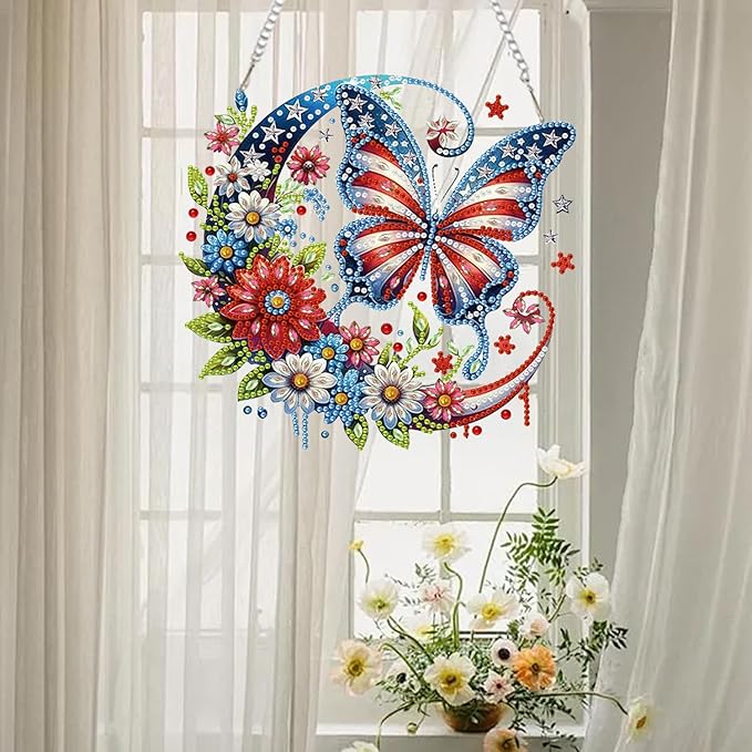 AIBOERL Diamond Art Hanging Kit for Adult,Special Shaped Rhinestone,Double Sided 5D DIY Acrylic Diamond Art Painting Wall Hanging Kits Hanging Ornament (Independence Day)