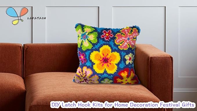 LAPATAIN Latch Hook Kits for DIY Throw Pillow Cover,Colorful Flowers Pattern Needlework Cushion Cover Hand Craft Crochet for Great Family 17x17inch