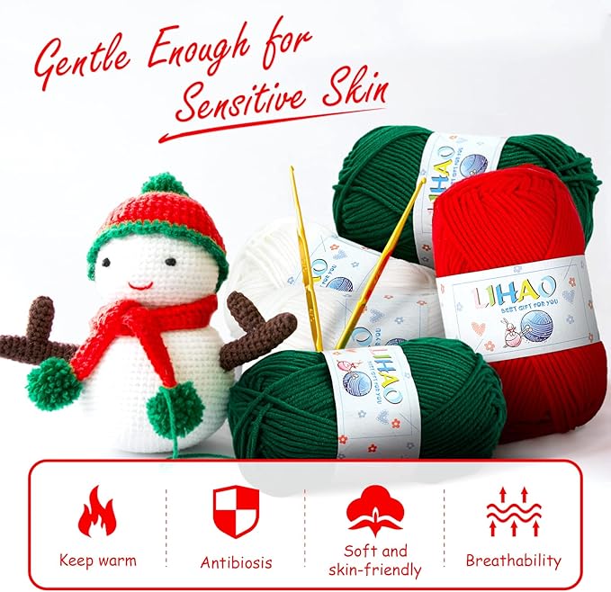 LIHAO 3 Skeins Yarn for Knitting Christmas Themed Yarn for DIY Xmas Crochet Crafts - 100% Acrylic, 50g