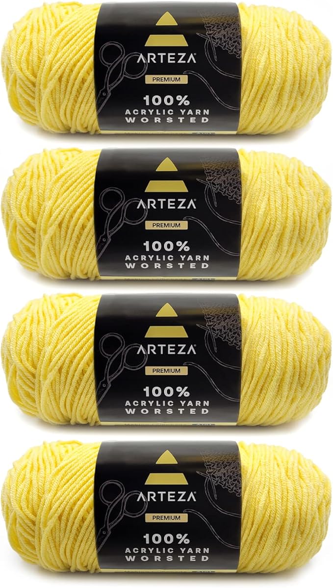 Arteza Acrylic Yarn for Crochet & Knitting, 4 Skeins, 100% Acrylic, 359 Yards Each, Yellow A101, Soft Worsted Yarn for DIY Projects, Amigurumi & More