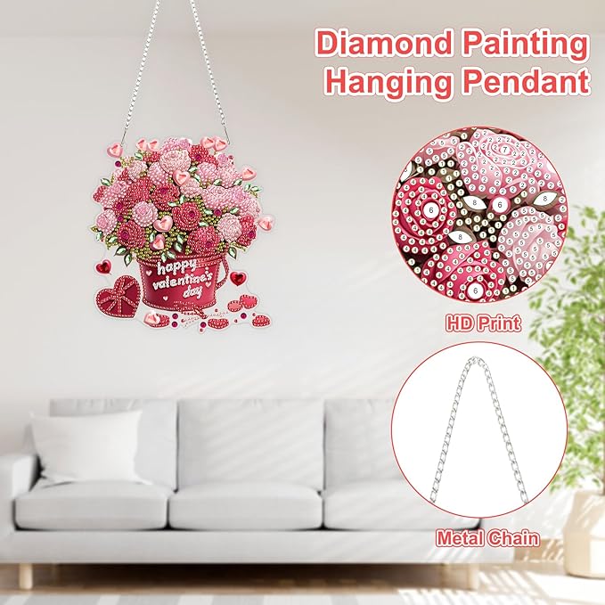 TOSTOG Diamond Art Hanging Kits for Adults, Flower Diamond Painting for Adults Window Pendant, Valentine Special Shape Diamonds Diamond Painting Hanging Pendant Kit for Wall Home Decor Gift