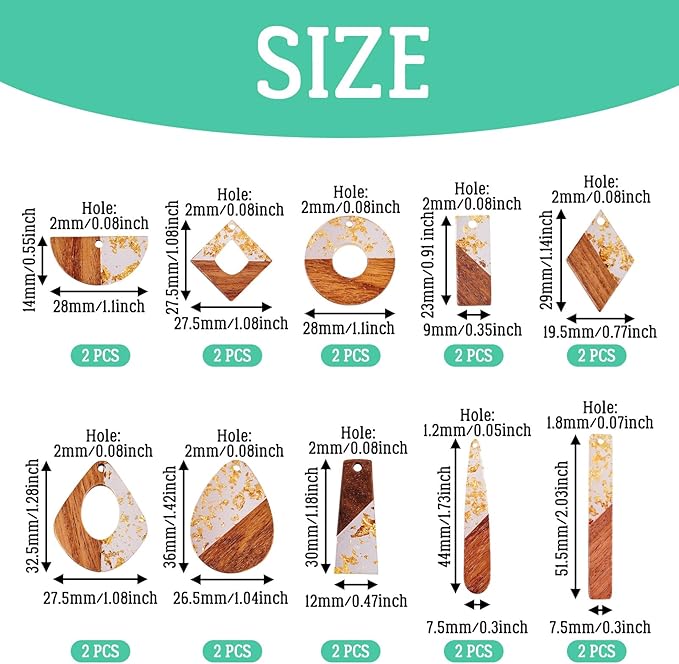 Beadthoven 20pcs/10 Pairs Resin Wood Charms DIY Bohemian Earrings Clear Gold Foil Resin Wood Pendants Gold Flakes Natural Wooden Pieces Tag Assorted Pendants for Fashion Jewelry Making Necklace