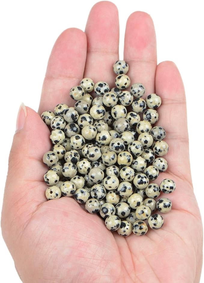 bymitel 210pcs natural crystal beads stone gemstone round energy healing loose beads with stretch cord for jewelry making bracelets anklets (dalmation jasper, 6mm 210pcs)