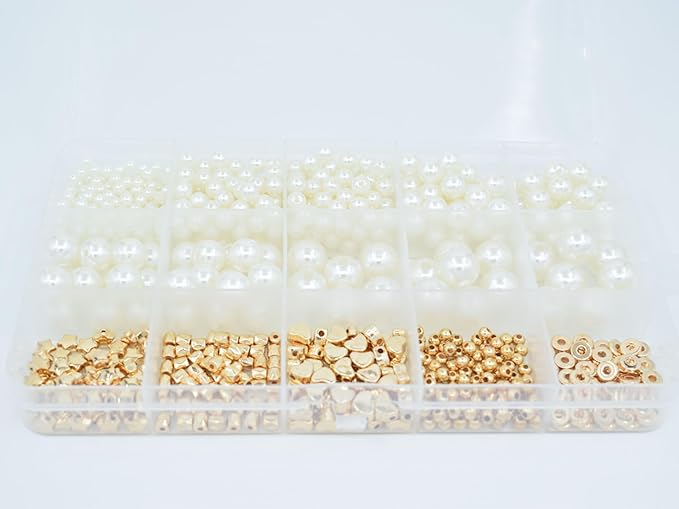 Frhrfhe Pearl Beads for Bracelets, 720pcs Ivory Faux Fake Pearls Gold Spacer Bracelet Making Kit with Hole for Adult, Friendship Bracelet Kits, Small Pearl & Gold Beads, Jewelry Making Kit