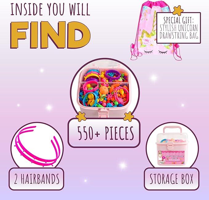 Orian Pop Beads Jewelry Making Kit for Girls, 550+ Piece Set, Pop Beads for Girls Ages 3 and Up, Fun and Colorful Snap Beads, Bracelet Making Kit, Necklaces and Rings. Great Colorful Unicorn Gift Bag