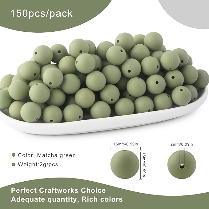 150Pcs 15mm Silicone Beads for Keychain Making Bracelet Necklace, Bulk Round Silicone Beads for Pens（Matcha Green）
