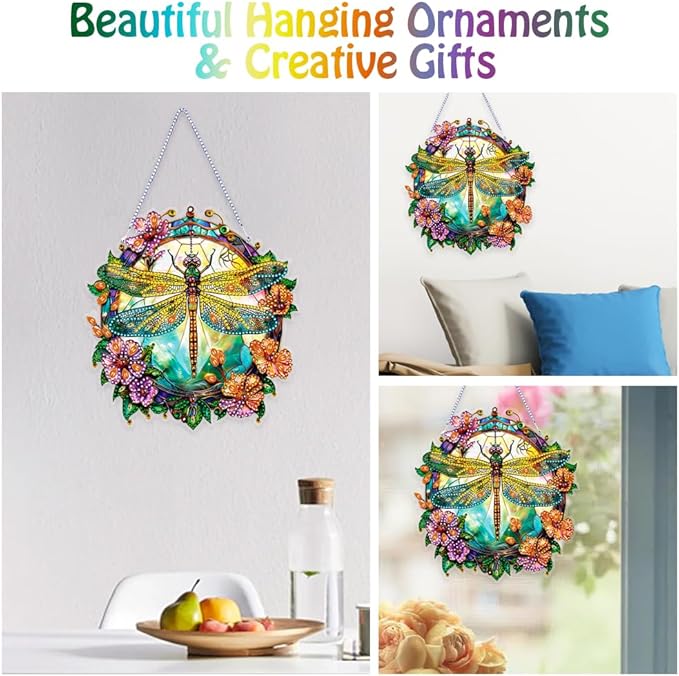 Koikify Diamond Painting Kits Hanging Pendant, Dragonfly Special Shaped Crystal Diamond Art Double-Sided Printed Window Ornament, DIY Wall Art Hanging Sign for Crafts and Home Decor