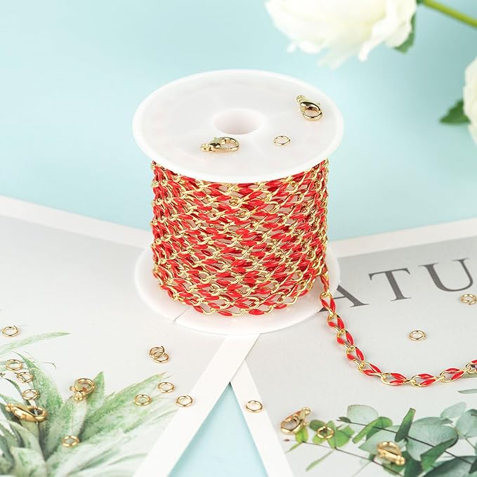 YOUBEIYEE Red Oil Drip Chain for Jewelry Making Gold Plated Brass Chain Roll with Jump Rings and Lobster Clasps Jewelry Supplies