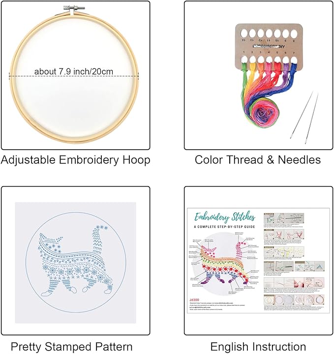 Louise Maelys Embroidery Kits for Beginners Adults,Cat Stamped Pattern Practice for Starters,Cross Stitch Kit Including Hoop,Cloth,Needles, Instruction and Threads