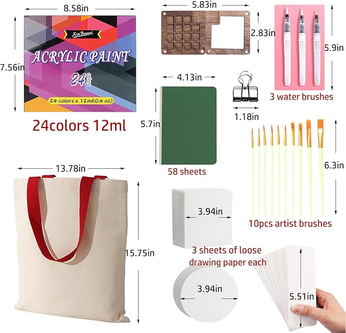 fsdyknej Mini Watercolor Travel Paint Set, Walnut Wood 15-Color Compact Travel Art Kit, with Paint Brushes, Water Brush, Watercolor Cards, Unique Creative Gift for Birthdays, Holidays & Art Lovers