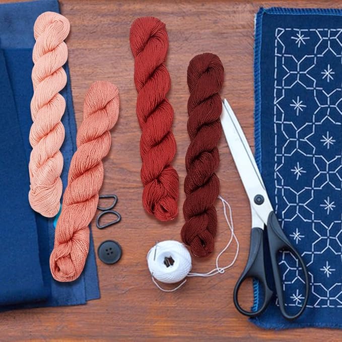 FREEBLOSS 4 Pcs Sashiko Thread Sashiko Skein 100 M*4 Colors(Red) Cotton Embroidery Thread Japanese Quilting & Embroidery Sashiko Kit Supplies Sewing Thread