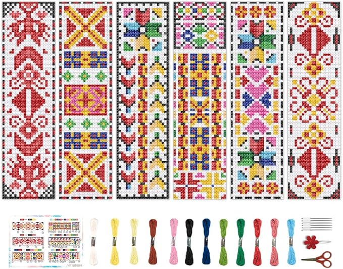 BEUNITONE Cross Stitch Bookmark Kits 6 Pcs Traditional Decorative Patterns Counted Cross Stitch Kit Hand Stamped Embroidery Kit for Beginners Floral Fabric Bookmark Making Kit DIY 8''x2.4''