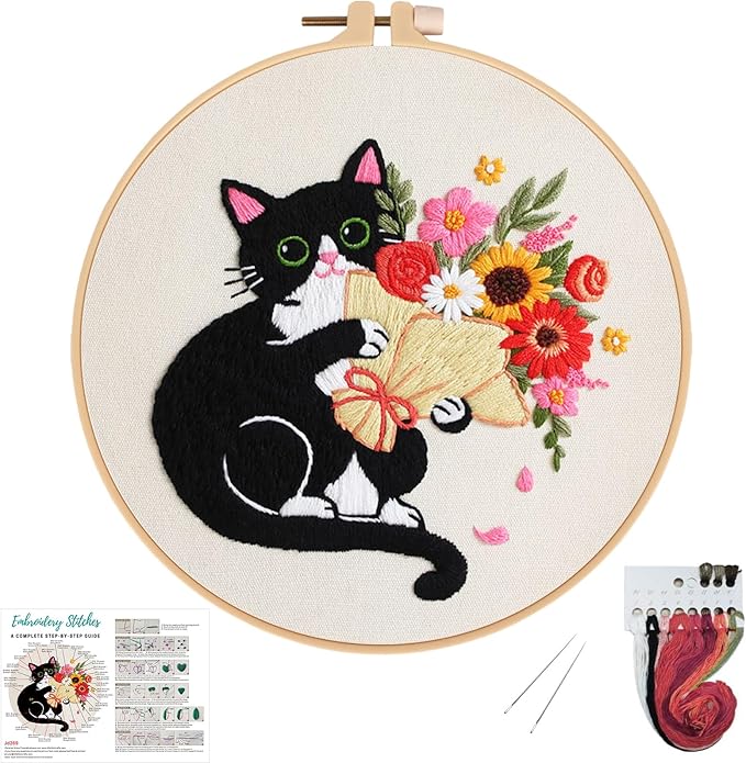 Nuberlic Black Cat Flowers Embroidery Kits for Beginners, DIY Cross Stitch Starter Craft Kits for Adults Including Cloth with Pattern, Hoop, Needles Instruction and Threads