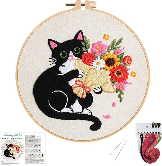 Nuberlic Black Cat Flowers Embroidery Kits for Beginners, DIY Cross Stitch Starter Craft Kits for Adults Including Cloth with Pattern, Hoop, Needles Instruction and Threads