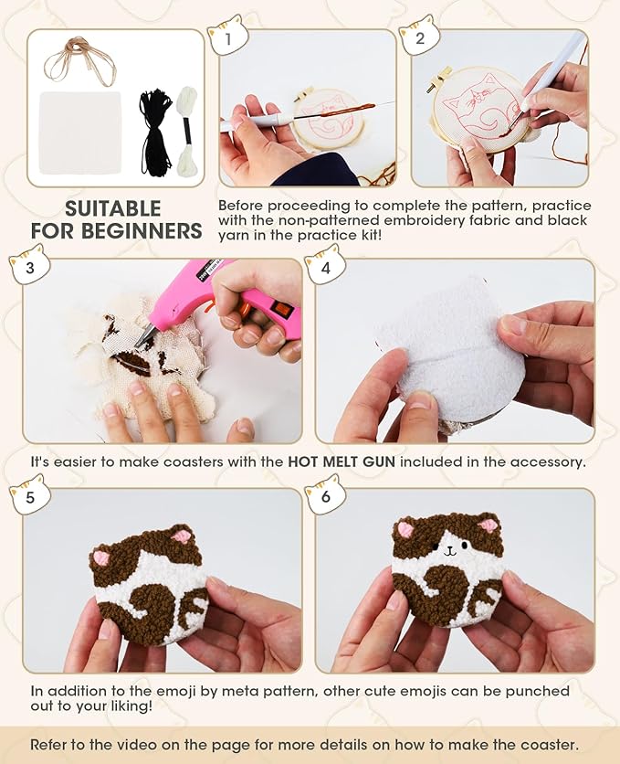 AceList 6 Pcs Punch Needle Kit with Cat Pattern, Easy Punch Needle kit for Beginners and Adults, DIY Punch Needle Coaster Kit with Tools Tufting Cloth Hoop Yarns Hot Melt Glue Gun - Art Craft Gift