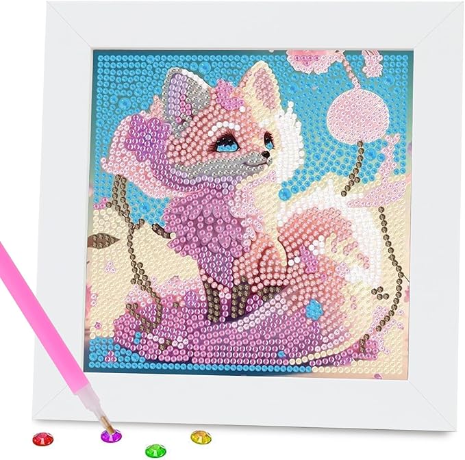 PERFECTSIGHT Cute 5D Diamond Art Kits with Wooden Frame, Kawaii DIY Painting Art for Adults, Diamond Arts and Crafts Sets, Big Gem Full Drill Diamond Dots for Women Beginners (Fox)