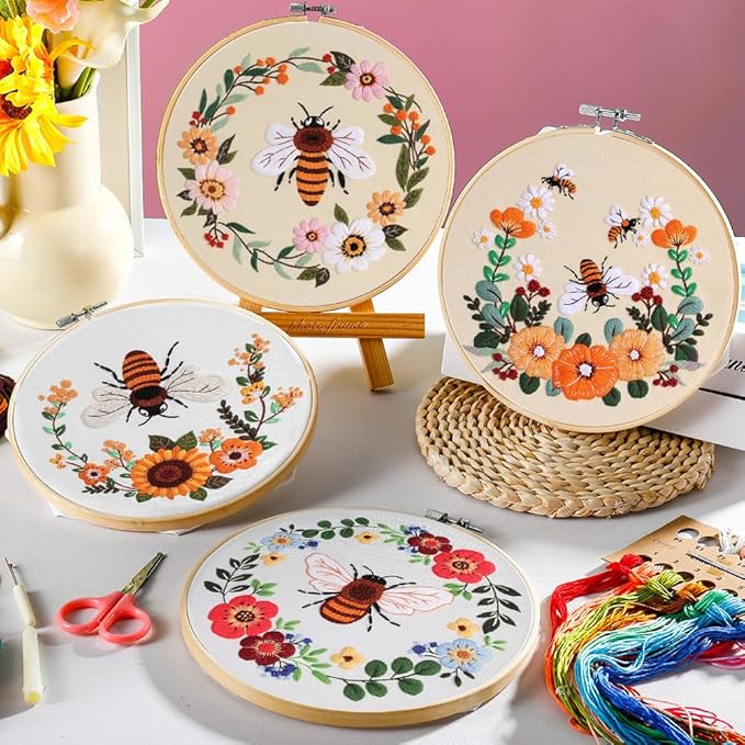 wtisan embroidery kit for adults, 4 sets cross stitch kits for adults with stamped flower pattern and easy instruction, embroidery kits with embroidery hoop and color threads