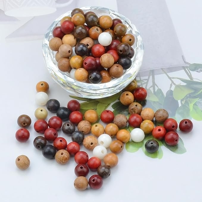 8mm Massive Beads Natural Wooden Rosewood Round Loose Beads Jewelry Making Handmade Craft with Thread 200 PCS(Mixed Wood, 8mm)