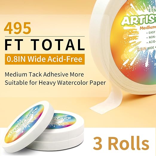 3 Packs White Art Tape Medium Tack Artist Masking Tape Paper Acid Free Tape Watercolor Painters Tape Artists Tape for Drafting Art Watercolor Painting Canvas Framing, 0.8 inch Wide 495FT Long
