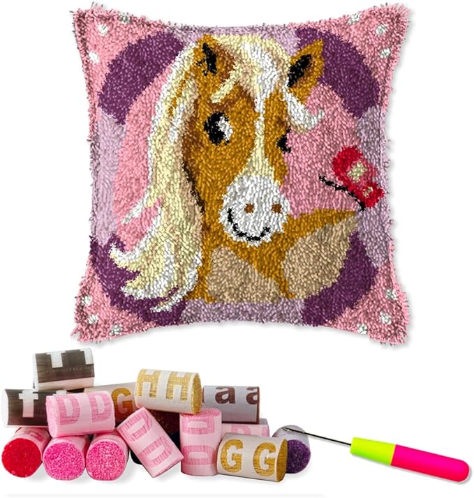 DL-YTG Latch Hook Kits Pillow Horse Crochet Yarn Cushion Colour Pre-Printed Canvas Rug Needlework DIY Pillowcase Hook and Latch Kit Arts Crafts Christmas Home Sofa Decoration 42x42cm/16X16inch