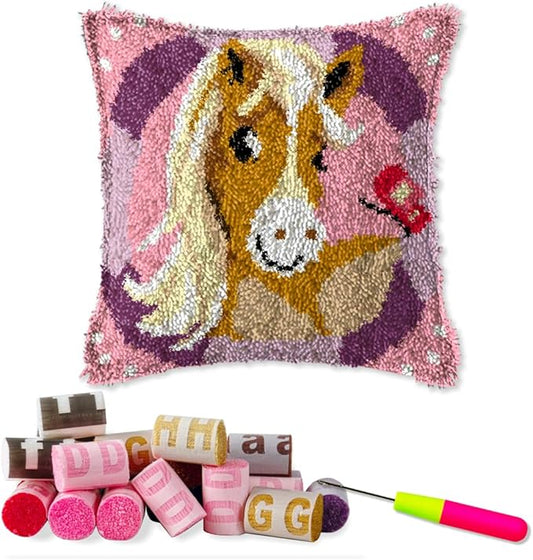 DL-YTG Latch Hook Kits Pillow Horse Crochet Yarn Cushion Colour Pre-Printed Canvas Rug Needlework DIY Pillowcase Hook and Latch Kit Arts Crafts Christmas Home Sofa Decoration 42x42cm/16X16inch