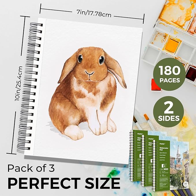 Funto Watercolor Pad 10x7, 3-Pack, 90 Sheets, 140 lb/300 GSM, Double-Sided, Cold Press, Spiral Bound, Heavyweight Paper for Watercolor Painting