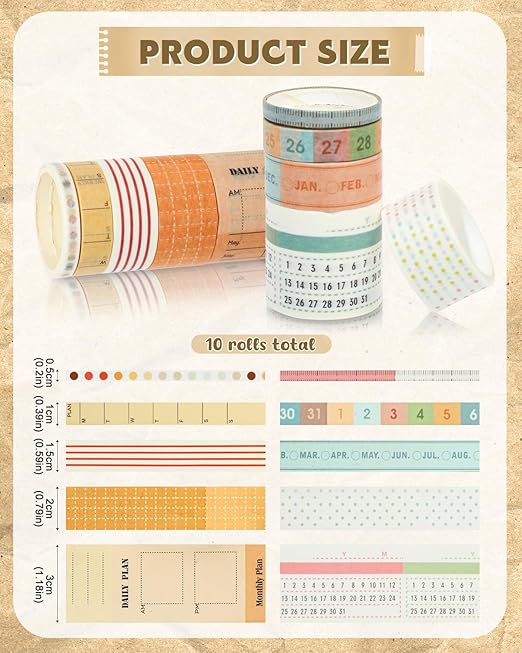 EORTA 10 Rolls Retro Calendar Washi Tapes, 5 Sizes Self-Adhesive Decorative Sticker for Daily Weekly Monthly Planner, Scrapbook, Journal & Bible Journaling, Dotted/Striped Craft Gift Wrap Tape