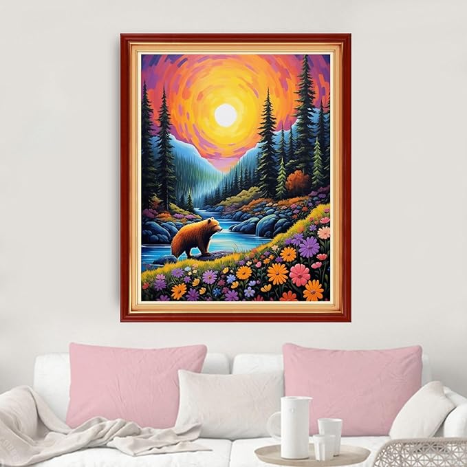 dimxvean stamped cross stitch kits,cross stitch kits for adults beginners,embroidery kits full range of cross stitch stamped kits needlepoint kits cross stitch patterns-sunrise brown bear 16x20 inch