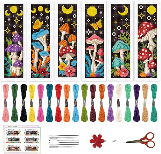 ACRNIGHEET 6PCS Cross Stitch Bookmark Kits Mushroom Pattern Stamped Cross Stitch Kits for Beginners Adults DIY Stamped Embroidery Bookmarks with Instructions Hand Embroidery Craft Gift