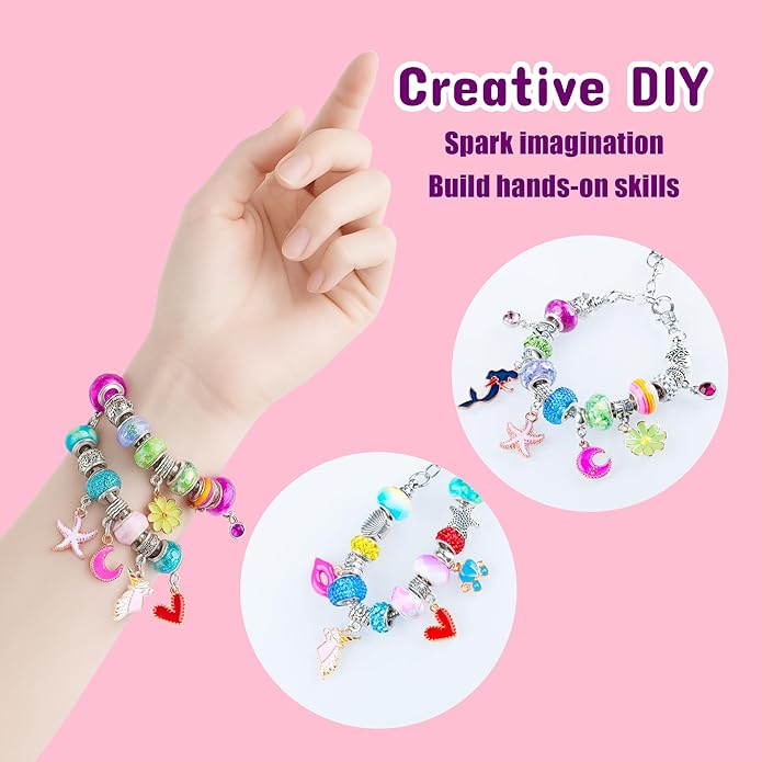 Beads Jewelry Making Kit – Charm Bracelet & Necklace DIY Set with Pearl, Shell & Pony Beads, Creative Arts and Crafts Gift for Birthday
