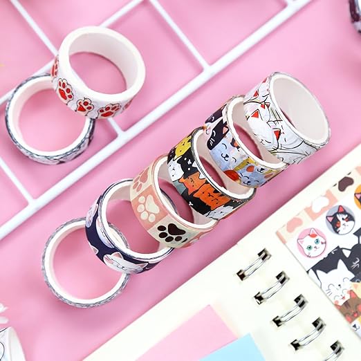 Cute Washi Tape Set, 12 Rolls Kawaii Cat Decorative Tape Cartoon Cat’s Paw Masking Tape for Journaling Supplies, Junk Journal, Scrapbooking, DIY Arts & Crafts, Planners, Gift Wrapping