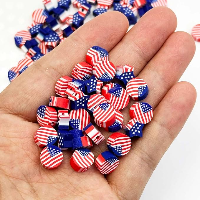 100Pcs America Flag Polymer Clay Loose Spacer Beads, Mixed Color Cute Beads Charms for DIY Hair Clip Necklace Bracelet Jewelry Earring Handmade Craft Making Supplie