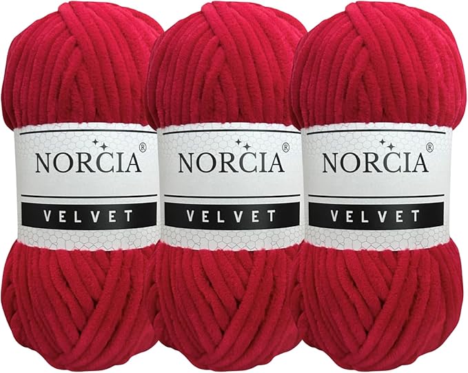 Soft Velvet Yarn Chenille Yarn for Crocheting Baby Blanket Yarn for Knitting Amigurumi Yarn Fancy Yarn for Crochet Weaving Craft (Red, 3 Skeins)