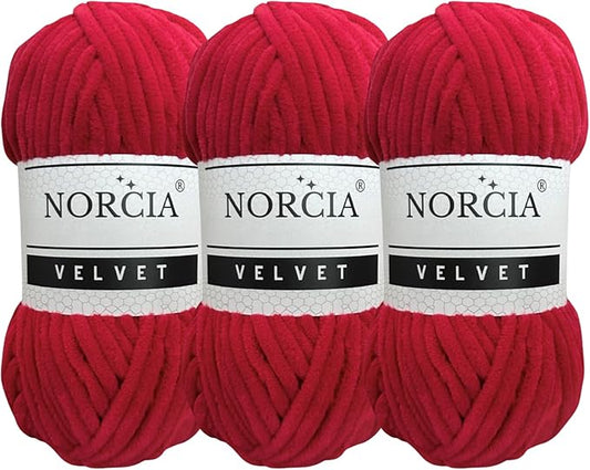 Soft Velvet Yarn Chenille Yarn for Crocheting Baby Blanket Yarn for Knitting Amigurumi Yarn Fancy Yarn for Crochet Weaving Craft (Red, 3 Skeins)