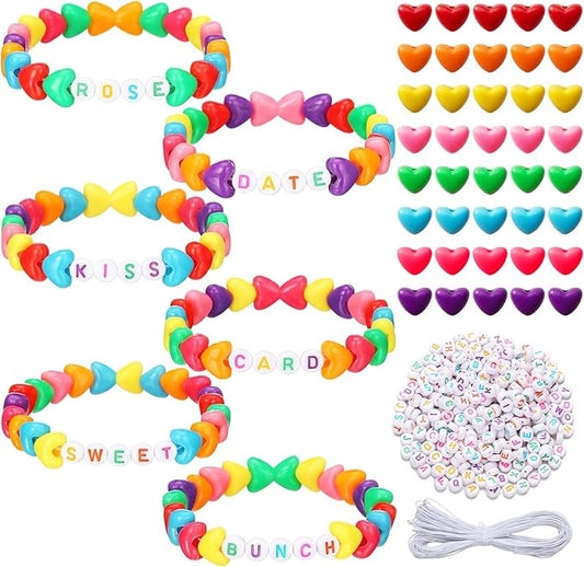 Highergo 1200 Pcs Mother's Day Bracelet Heart Beads Making Kit Letter Beads DIY with 944 Inch Elastic Cord Sweet Heart Charms for Valentine Day Bracelet Necklace Making DIY Crafts