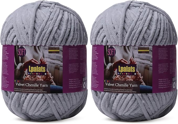 Baby Blanket Yarn for Crocheting - 2 Pack of 200g/7oz Chunky Chenille Yarn for Knitting Blankets Amigurumi - #6 Super Bulky - 348 Yards Soft Thick Plush Yarns (2, Light Grey)