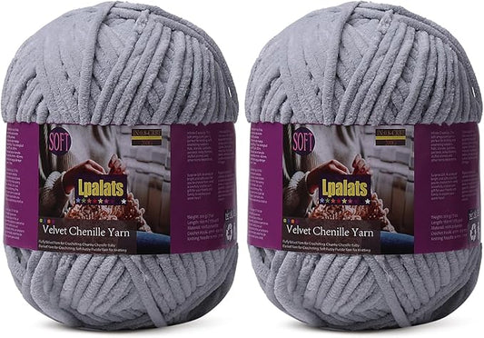 Baby Blanket Yarn for Crocheting - 2 Pack of 200g/7oz Chunky Chenille Yarn for Knitting Blankets Amigurumi - #6 Super Bulky - 348 Yards Soft Thick Plush Yarns (2, Light Grey)