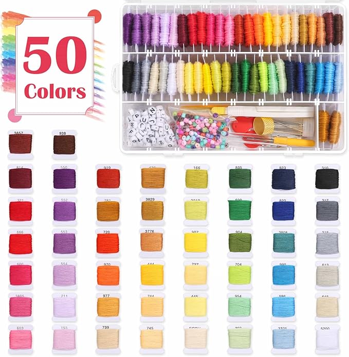 PAXCOO 488Pcs String Bracelet Making Kit, Friendship Bracelet String Kit with 50 Skeins Embroidery Floss Cross Stitch Thread, 400Pcs Friendship Bracelet Beads, 37Pcs Embroidery Tools