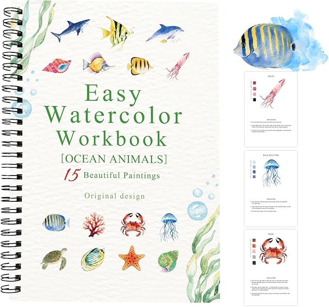 Watercolor Workbooks Ocean Animals, 15 Beautiful Paintings for Water Color Book Adult, Watercolor Coloring Book for Beginners, Watercolor Workbook for Adults Teens (Without Palette, Ocean Animals)